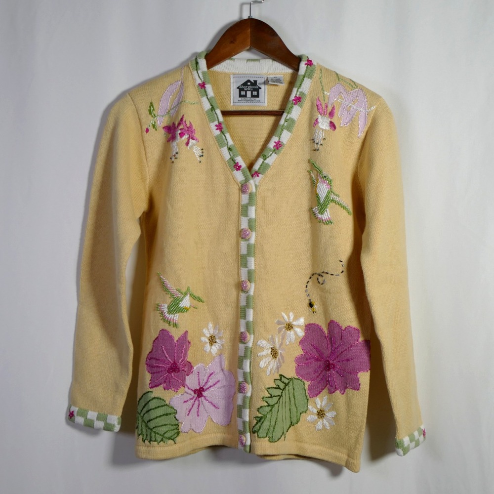 VTG Storybook Knits Hummingbird Floral Cardigan Size XS Cottagecore Novelty Twee